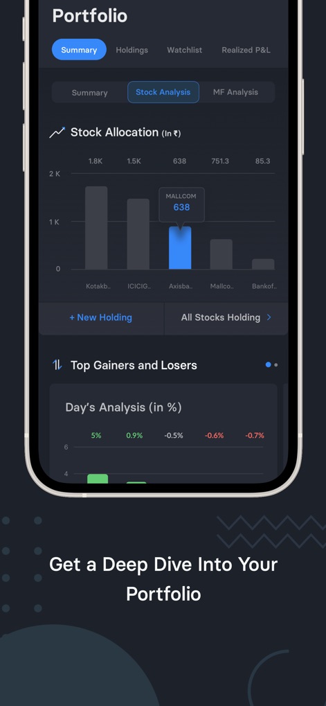 Trendlyne - Stocks & Finance - L'app offre strumenti di gestione del portfolio avanzati, con una chiara visualizzazione della Stock Allocation tramite un grafico a barre e un'analisi dettagliata dei Top Gainers and Losers all'interno del proprio patrimonio.
