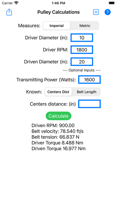 Belt & Pulley Calculator Screenshot