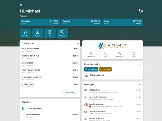 West Valley National Bank iPad screenshot 1 - Finance app