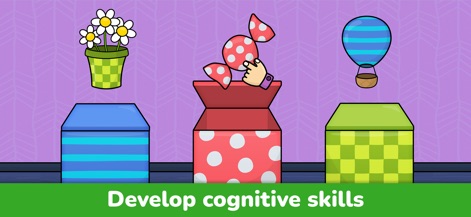 Learning Games for Toddlers 2+ - L'application stimule la logique et la mémoire avec des jeux de tri où les enfants associent des objets variés, tels que des bonbons et des fleurs, à des boîtes distinctes.