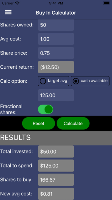 Buy in Calculator Screenshot