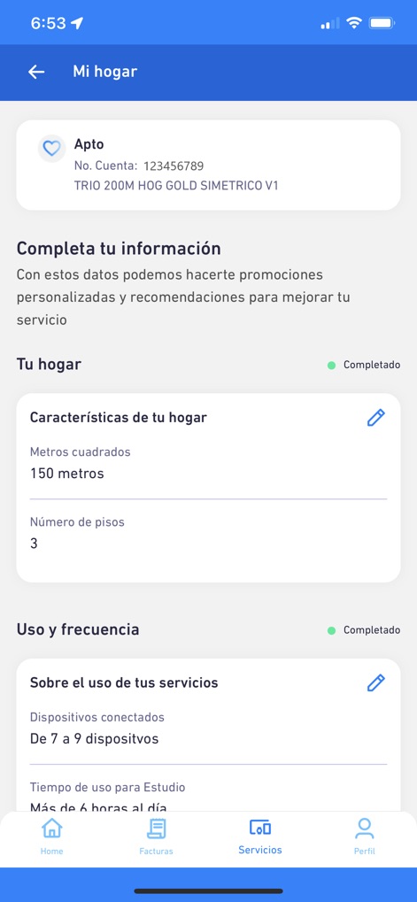 Mi ETB - Nutzer können spezifische Haushaltsinformationen wie "Metros cuadrados" und "Número de pisos" eintragen, um personalisierte Empfehlungen für ihre Dienstleistungen zu erhalten und den "Uso y frecuencia" anzupassen.