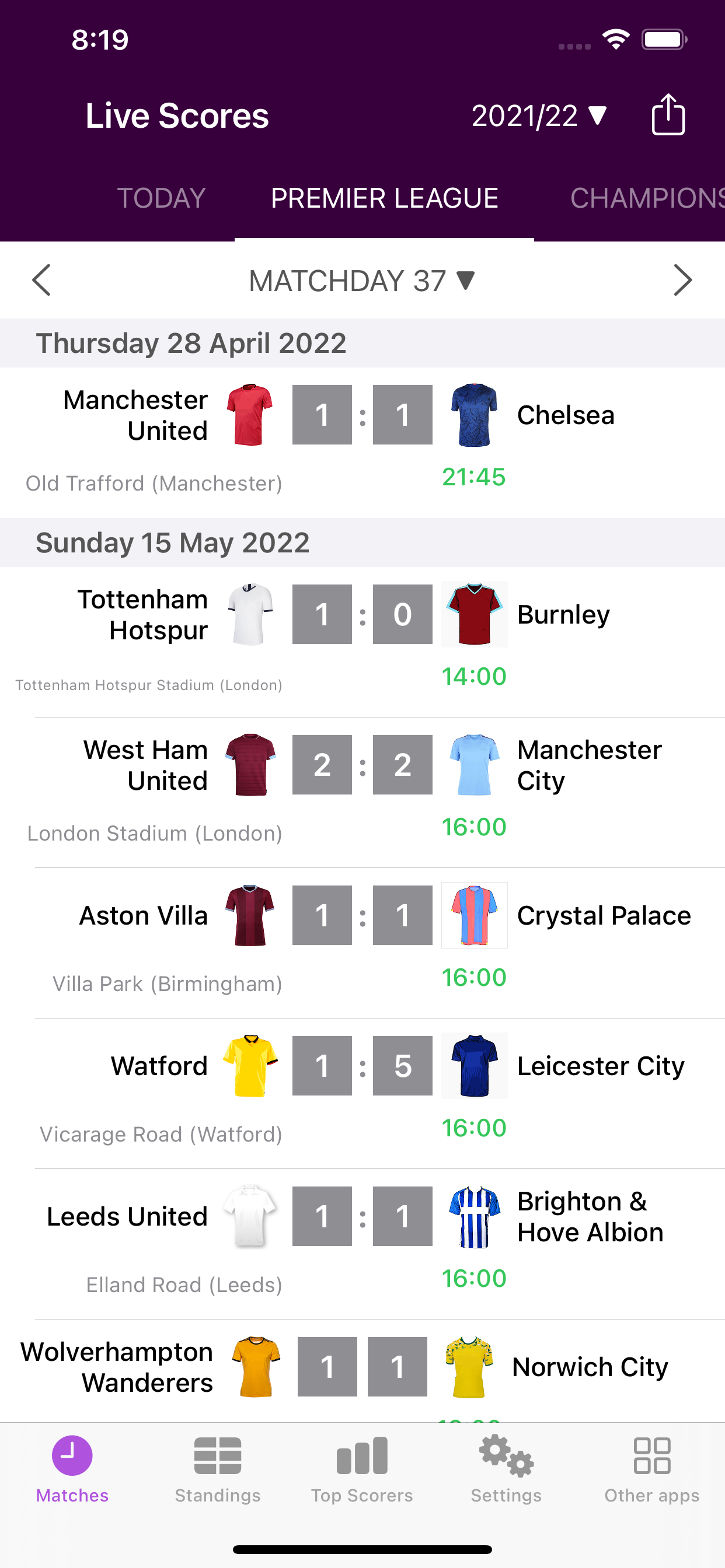 Live Scores of Premier League