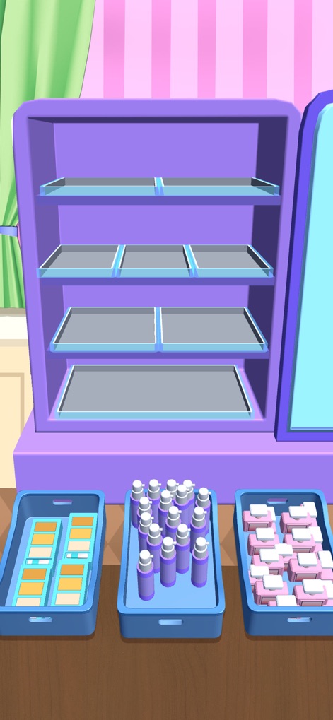 Fill Up Fridge!- Organize Game - Discover the customizable empty shelves of the display case, prepared to house an assortment of beauty products including small purple bottles and pink-wrapped items.