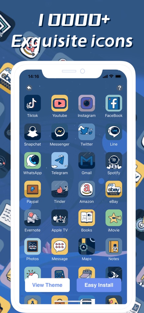 Themes: Color Widgets, Icons - Discover the "10000+ Exquisite icons" library, showcasing a vast collection of app icons in a consistent illustrative style for popular apps.