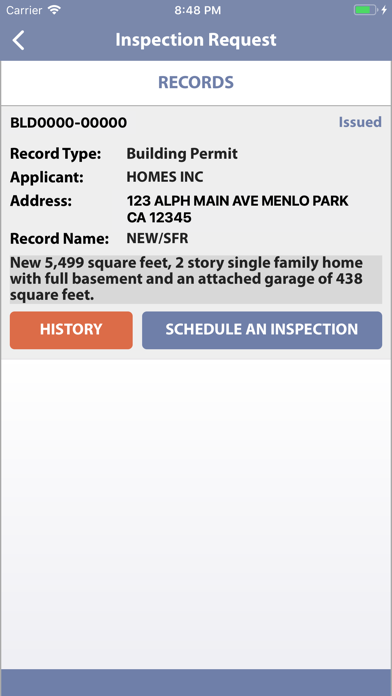 Menlo Park Inspection Request Screenshot