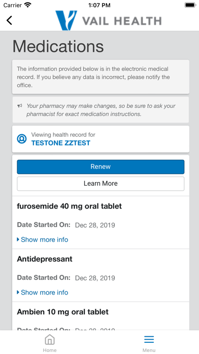 Vail Health Patient Portal Screenshot