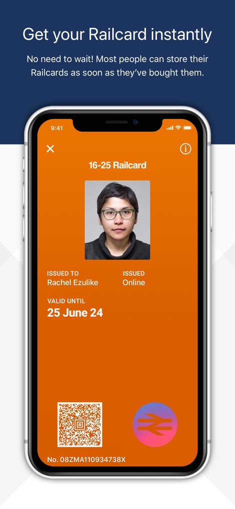Railcard - Gli utenti possono visualizzare la propria Railcard digitale, completa di foto identificativa e la data di scadenza '25 June 24', garantendo un accesso rapido e sicuro.