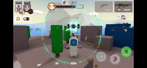 MilkChoco - Online FPS - Users experience fast-paced combat with a clear health bar and intuitive on-screen movement controls guiding the action.