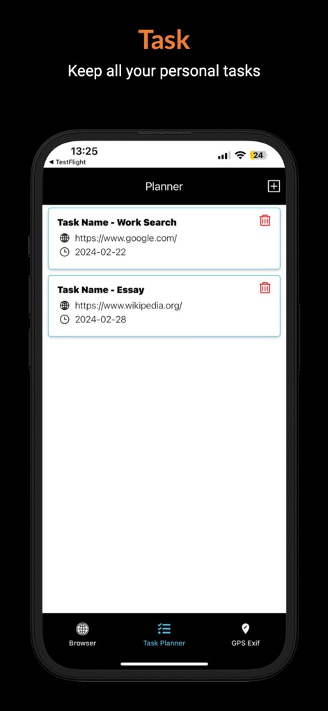 Proxy Browser - Task manager - La vista del gestor de tareas muestra una lista clara de entradas con sus nombres ('Work Search', 'Essay'), y los detalles adicionales de cada tarea, como la URL y la fecha, permitiendo a los usuarios organizar su trabajo de forma eficiente.