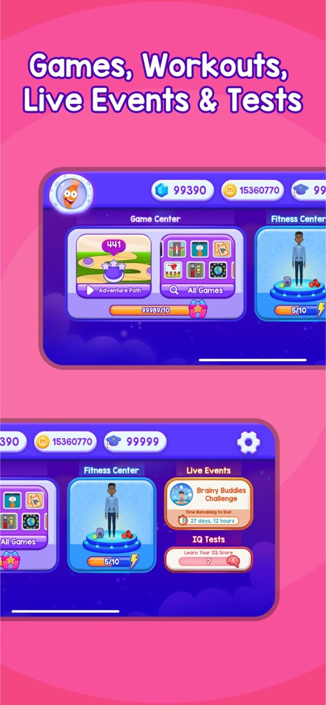MentalUP - Kids Learning Games - The app features a centralized activity hub, including a Game Center with an Adventure Path and a Fitness Center, seamlessly integrating Live Events and IQ Tests for comprehensive engagement.