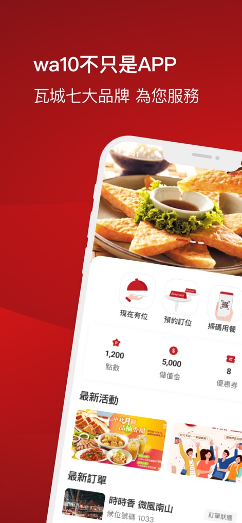 wa10 瓦城 - Die App bietet eine intuitive Benutzeroberfläche mit einem schnellen Überblick über den Kontostand (1.200 Punkte und 5.000 Guthaben) und aktuelle Aktionen.