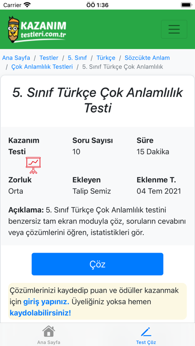 Test Çöz Kazanım Testleri Screenshot