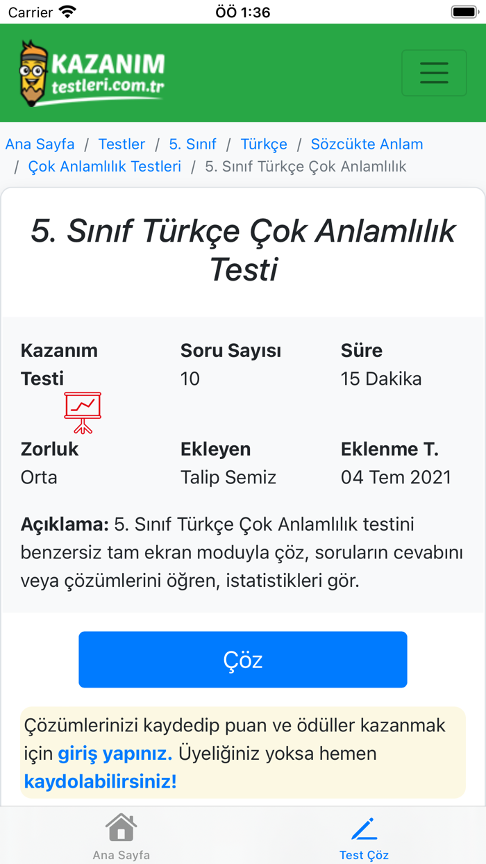 Kazanım Testleri Çöz