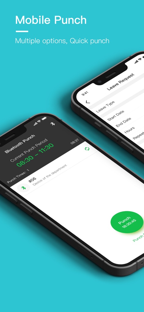 GaiaWorks - The app simplifies time tracking with a clear Bluetooth Punch interface and offers quick access to essential features like the Leave Request form.