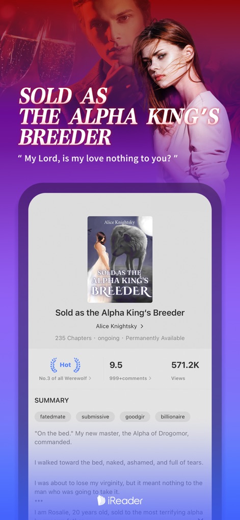 iReader-Story, Novel & E-book - 이 스크린샷은 'SOLD AS THE ALPHA KING'S BREEDER'와 같은 강렬한 소설의 표지를 제시하며, 'Hot' 배지로 인기도를 쉽게 확인할 수 있습니다.