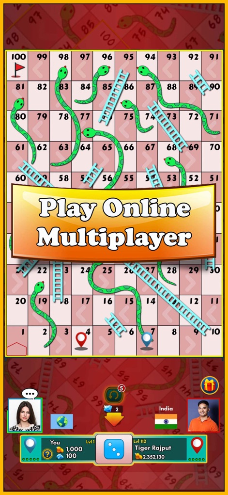 Snakes and Ladders: Snake Game - This screenshot highlights the vibrant "Play Online Multiplayer" mode and the visible player profiles, including user avatars and country flags, for engaging global competition.