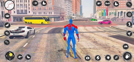 Spider Rope Hero Man Games - La captura revela un vasto mundo abierto, con el héroe en una calle ancha flanqueada por edificios detallados y un autobús amarillo distintivo, que ofrecen un escenario expansivo.