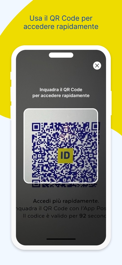 PosteID - This screen illustrates a seamless access method, where users can 'Inquadra il QR Code' for rapid login, emphasizing quick and secure entry.