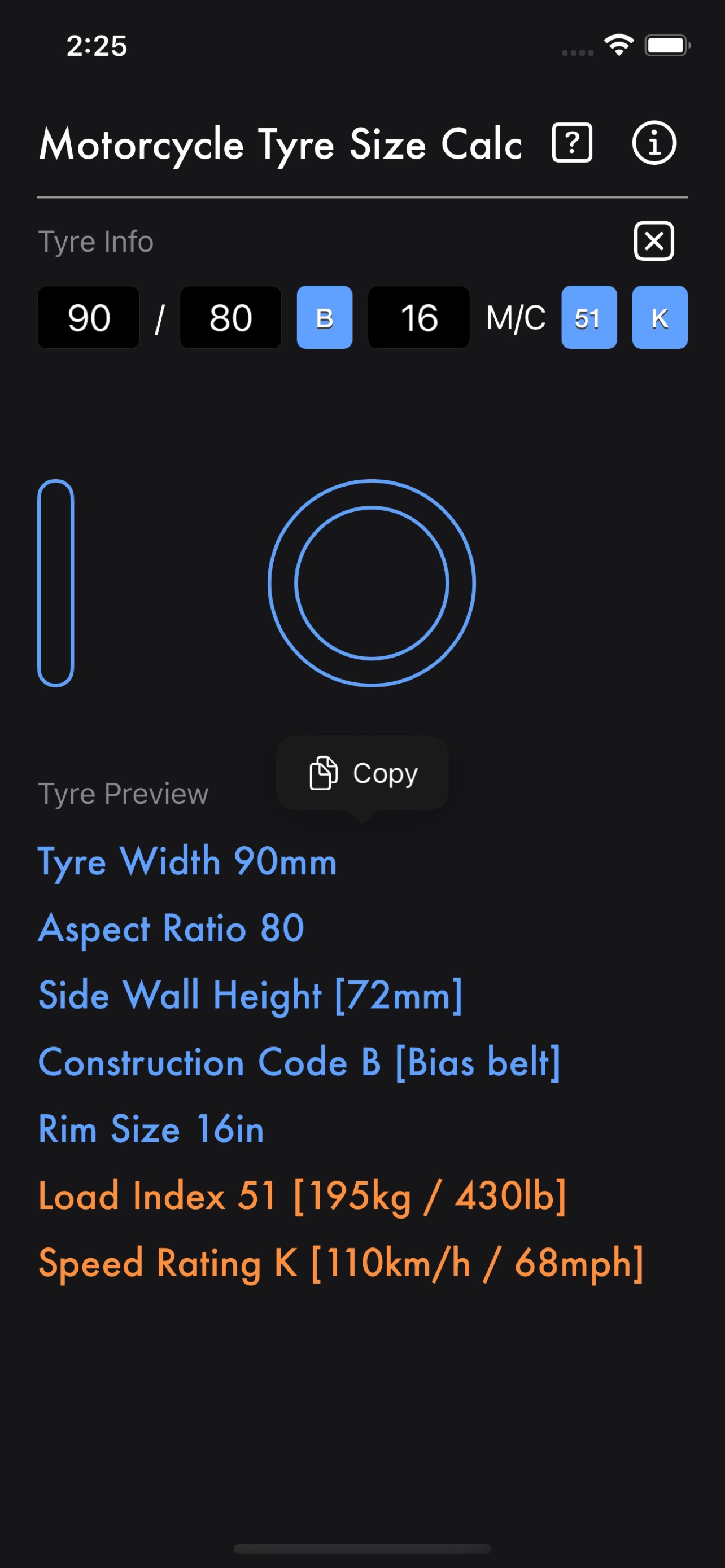 Motorcycle Tyre Size Calc