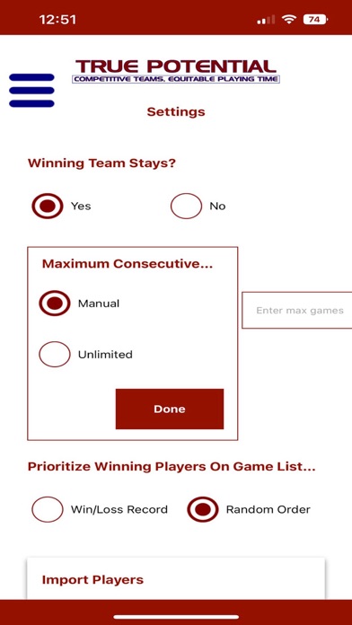 True Potential Team Selector Screenshot
