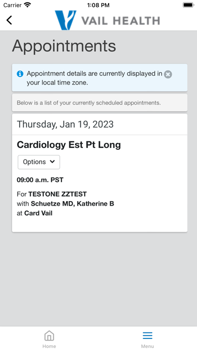 Vail Health Patient Portal Screenshot
