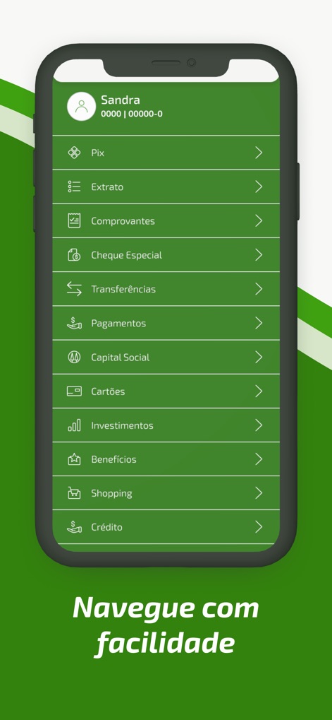 Sicredi X - Esta ferramenta exibe um menu completo de serviços, incluindo opções como Pix e Extrato, permitindo aos usuários navegar facilmente por todas as funcionalidades financeiras disponíveis.