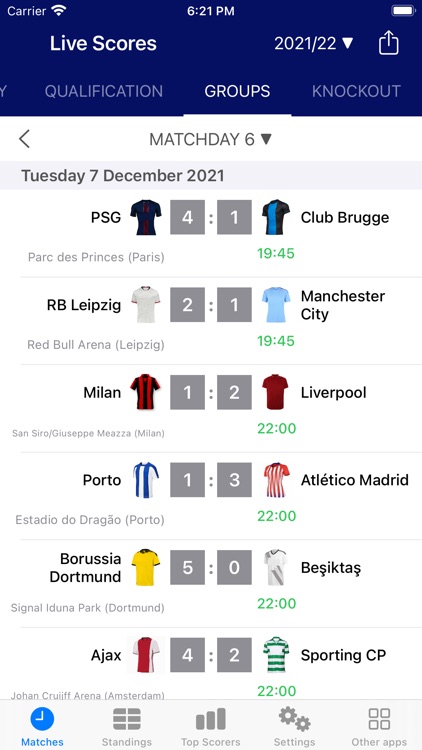 Results for Champions League