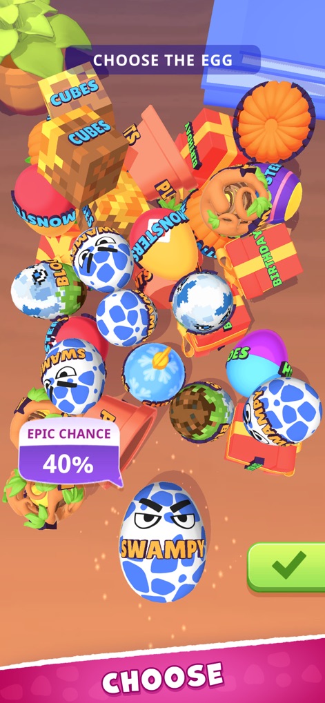 Super Toy 3D - The app presents a vibrant egg selection screen where players choose from various uniquely designed eggs, some offering an "Epic Chance" for rare finds.