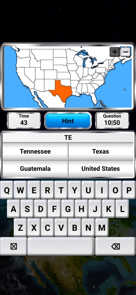 World Geography - Quiz Game - Users interact directly with maps to identify regions, utilizing the on-screen keyboard for input and a 'Hint' button for assistance when needed.
