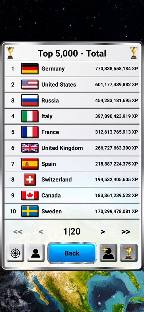 World Geography - Quiz Game - Users can view all-time 'Top 5,000 - Total' global rankings, comparing their progress against others through displayed country flags and cumulative XP.