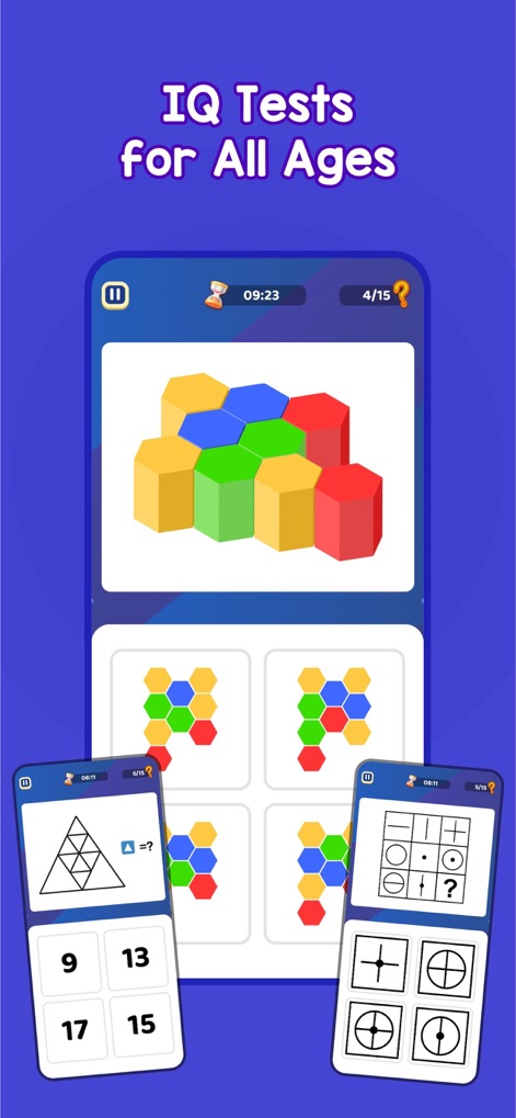 MentalUP - Kids Learning Games - This tool presents various IQ tests suitable for all ages, featuring visual puzzles like hexagonal block arrangements and clear multiple-choice answer options.