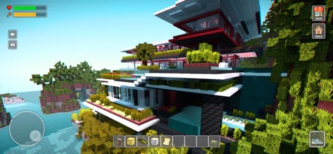 Craft World 3D: Sandbox Games - Users can construct intricate structures like this modern island mansion, showcasing both advanced building capabilities and a detailed inventory bar for resource management.
