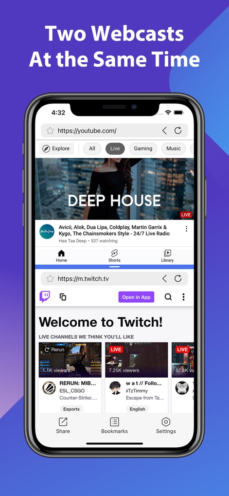 Split Screen - Dual Window - The app enables simultaneous viewing of a YouTube music stream and a Twitch live broadcast, offering a dynamic and engaging dual-screen experience.