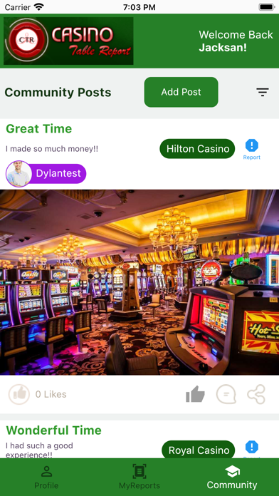 Casino Table Report Screenshot