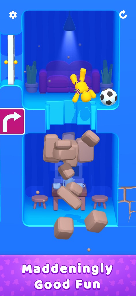 Lazy Jump 3D - This scene highlights the ragdoll's interaction with a soccer ball and the dynamic, tumbling furniture elements in a vibrant blue room.