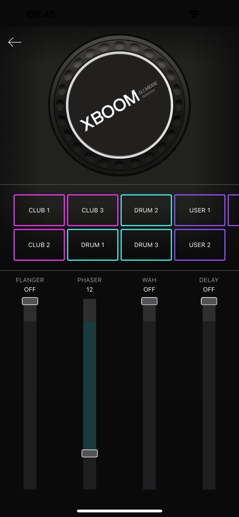 LG XBOOM – 2024 and earlier - The app transforms into a DJ console, offering interactive "DJ Mode Scratch" pads and faders for creative effects like "Phaser" and "Delay".