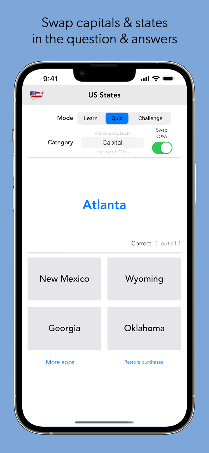 US States and Capitals Quiz Game
