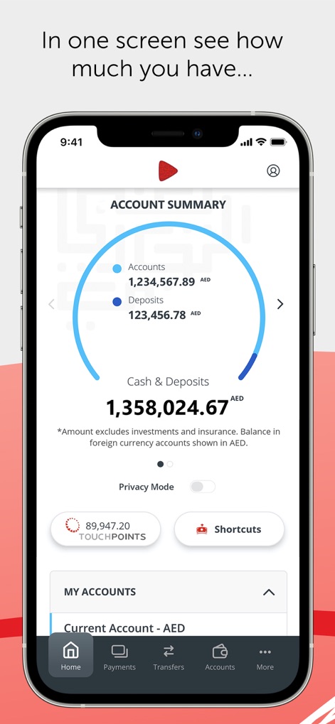 ADCB - Nutzer sehen eine klare Aufschlüsselung ihrer Einlagen und Konten in einem visuellen Kreisdiagramm sowie den Gesamtbetrag in AED.