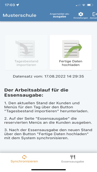 PCA Essensausgabe Screenshot