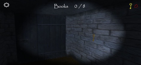 Slendrina The Cellar - Observe the critical gameplay mechanic of finding keys, such as the visible key hanging near a locked wooden door, crucial for progressing through the app's challenging cellar environment.