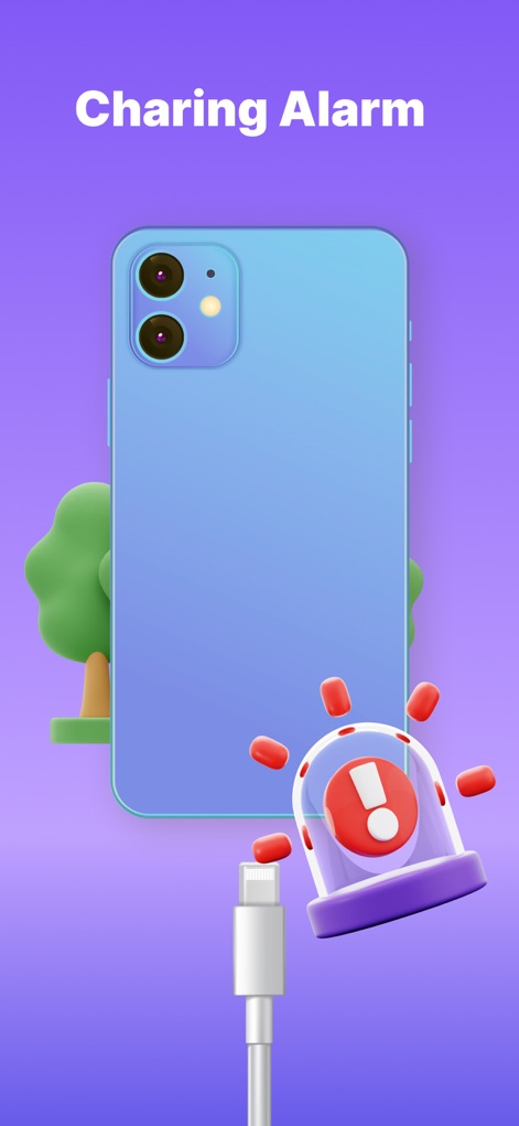 ClapRing: Find Phone By Clap - O recurso "Charging Alarm" (alarme de carregamento) é ilustrado com um cabo conectado ao telefone e um ícone de sirene vermelha, alertando sobre a remoção indevida do carregador.