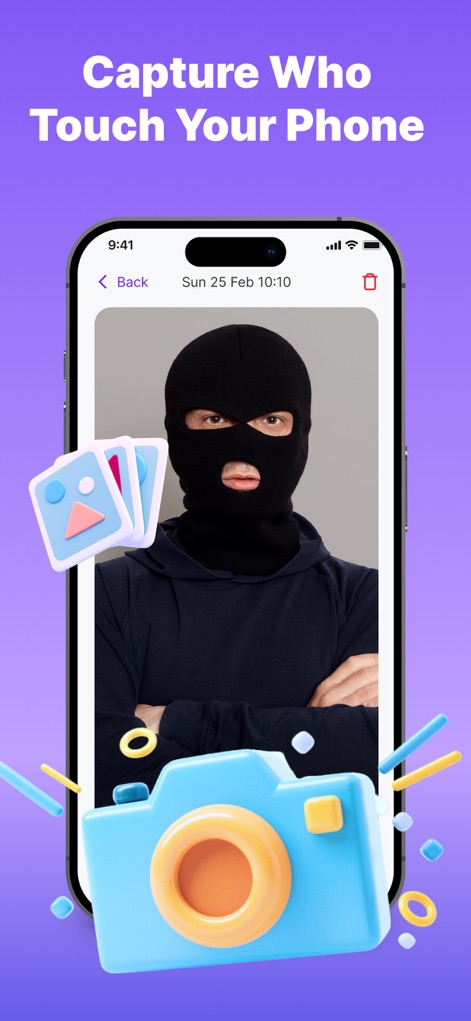 ClapRing: Find Phone By Clap - Esta captura de tela destaca o "Intruder Alarm", que usa a câmera para registrar a imagem de quem tentar acessar o dispositivo sem permissão.