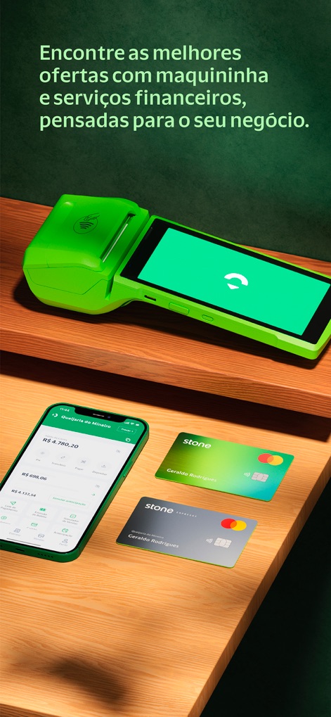 Stone: Maquininha e Conta PJ - The comprehensive offerings are showcased, from the physical Stone payment machine to the seamless integration of financial services within the app dashboard.