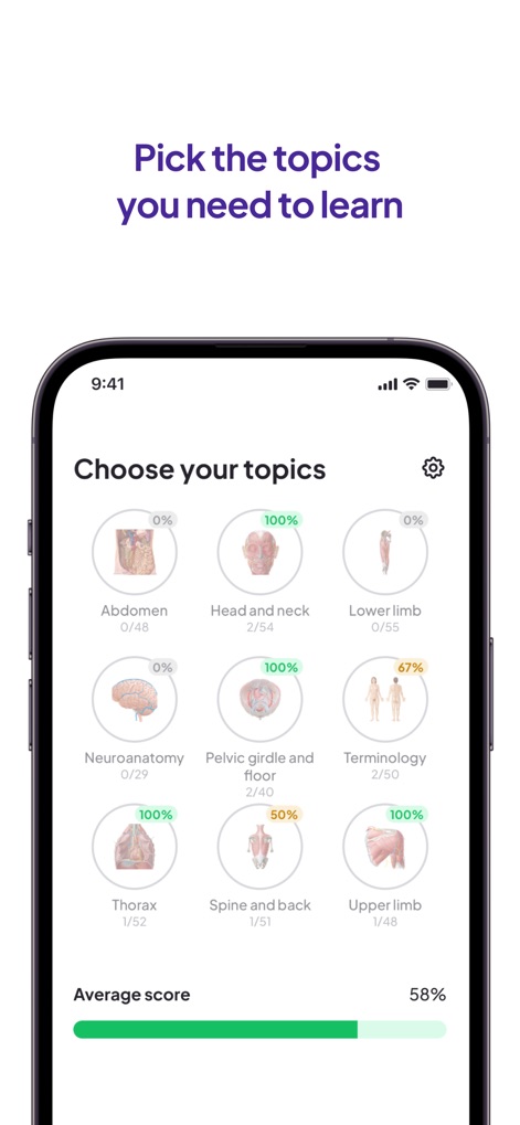 Daily Anatomy Flashcards - Gli utenti possono personalizzare il proprio percorso di apprendimento selezionando specifici argomenti anatomici, monitorando i progressi grazie agli intuitivi indicatori di percentuale e all'ampia varietà di argomenti disponibili.