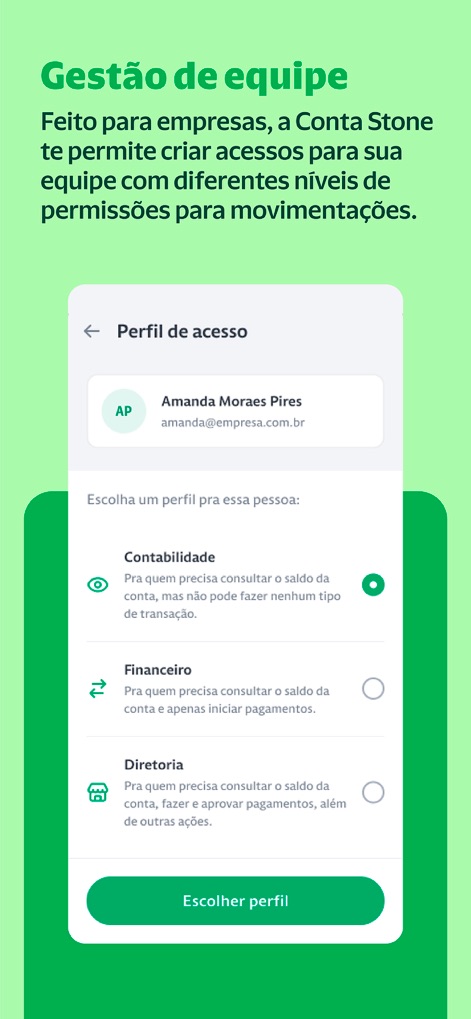 Stone: Maquininha e Conta PJ - Users can effectively manage their team with granular access profiles, offering specific permissions for roles such as Accounting and Finance.