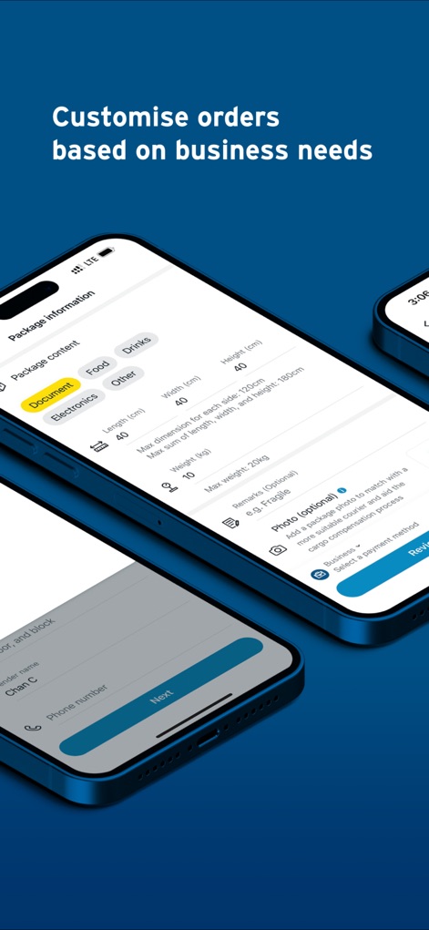 GoGoX(GoGoVan) - 24/7 Delivery - Os usuários podem personalizar o pedido inserindo informações como o "Package content", com categorias como "Document" e "Food", e especificando as dimensões e o peso do item.