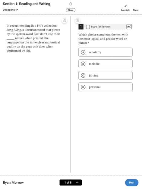 Bluebook Exams - Users can engage with the exam content through a streamlined interface, showcasing 'Section 1: Reading and Writing' with an intuitive 'Mark for Review' feature to aid in test navigation.