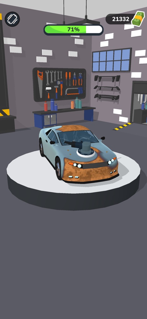 Car Master 3D - This screenshot showcases the initial state of a damaged vehicle and the immersive garage environment with its essential toolkit, highlighting the car fixing process.