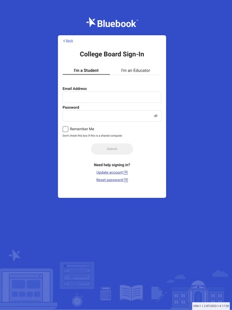 Bluebook Exams - This tool provides a secure gateway for academic users, featuring a clear 'College Board Sign-In' interface and distinct 'I'm a Student' and 'I'm an Educator' tabs to manage access.